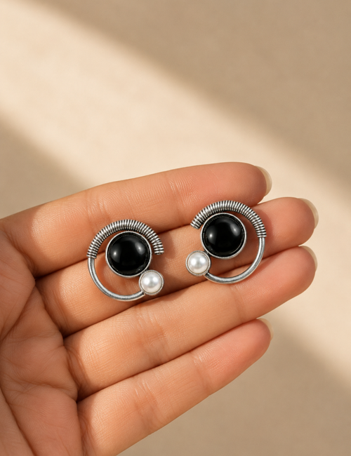 Everyday Oxidized Silver Stud Earrings with Black Stone