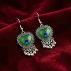 Oxidised Silver Heart Shape Peacock Feather Meenakari Earrings with Ghungroo Drops