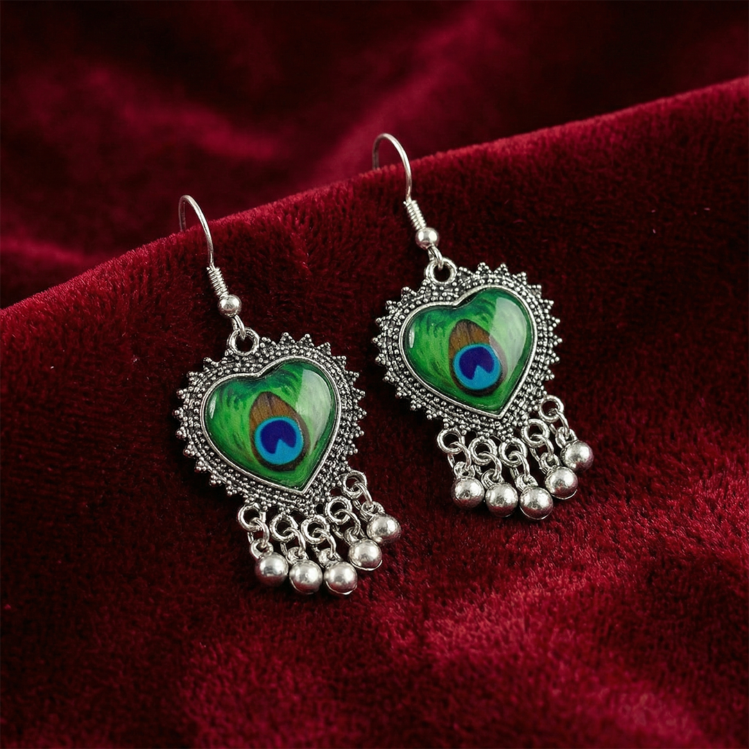 Oxidised Silver Heart Shape Peacock Feather Meenakari Earrings with Ghungroo Drops