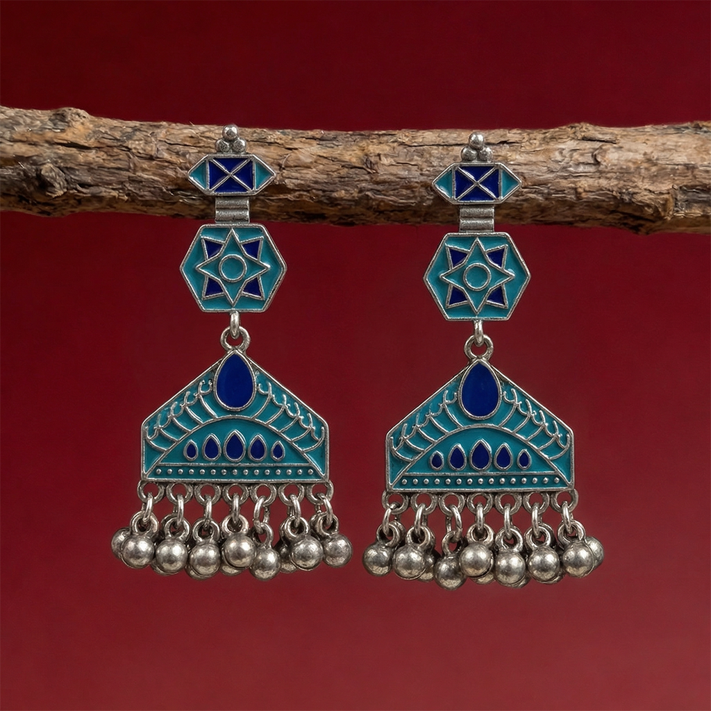 Oxidised Silver Teal & Navy Blue Meenakari Geometric Chandelier Earrings with Ghungroo Drops
