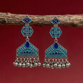 Oxidised Silver Teal & Navy Blue Meenakari Geometric Chandelier Earrings with Ghungroo Drops