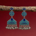 Oxidised Silver Teal & Navy Blue Meenakari Geometric Chandelier Earrings with Ghungroo Drops