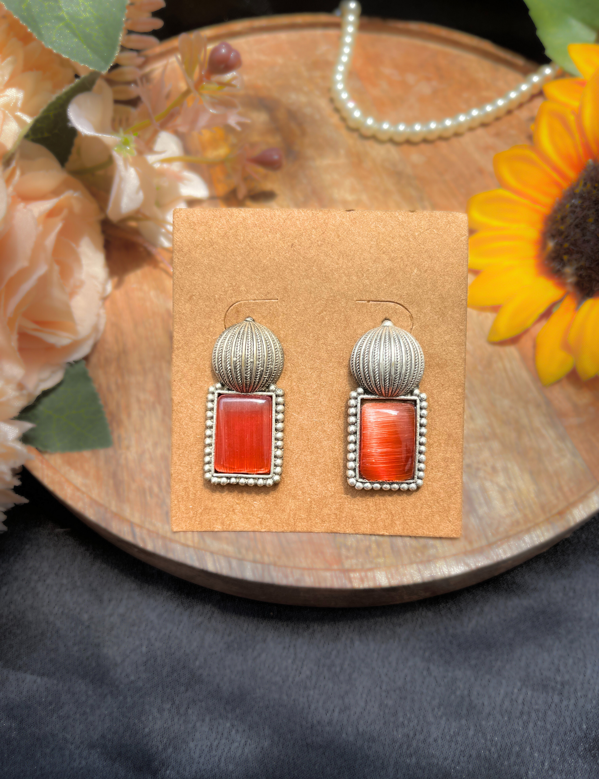 Designer Monalisa Stone Oxidised Earrings with Orange Accent