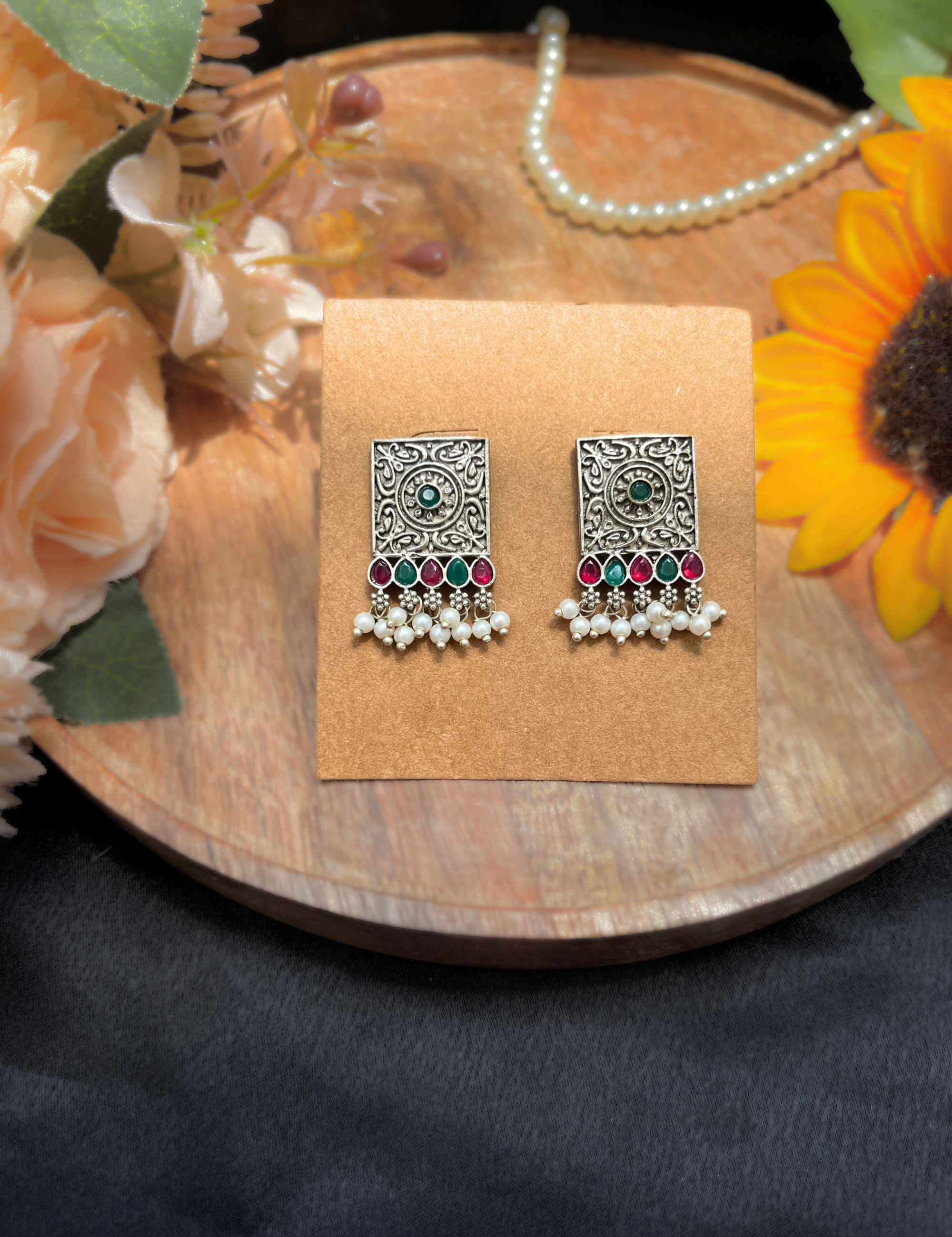 Oxidised Silver Floral Design Square Drop Earrings