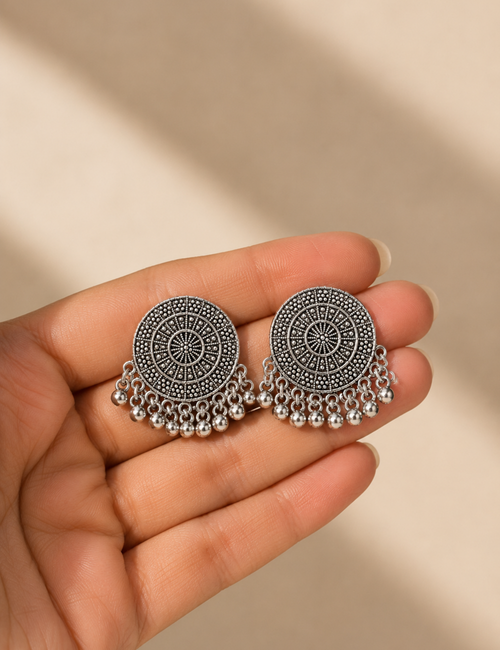 Ethnic Oxidized Silver Statement Stud Earrings