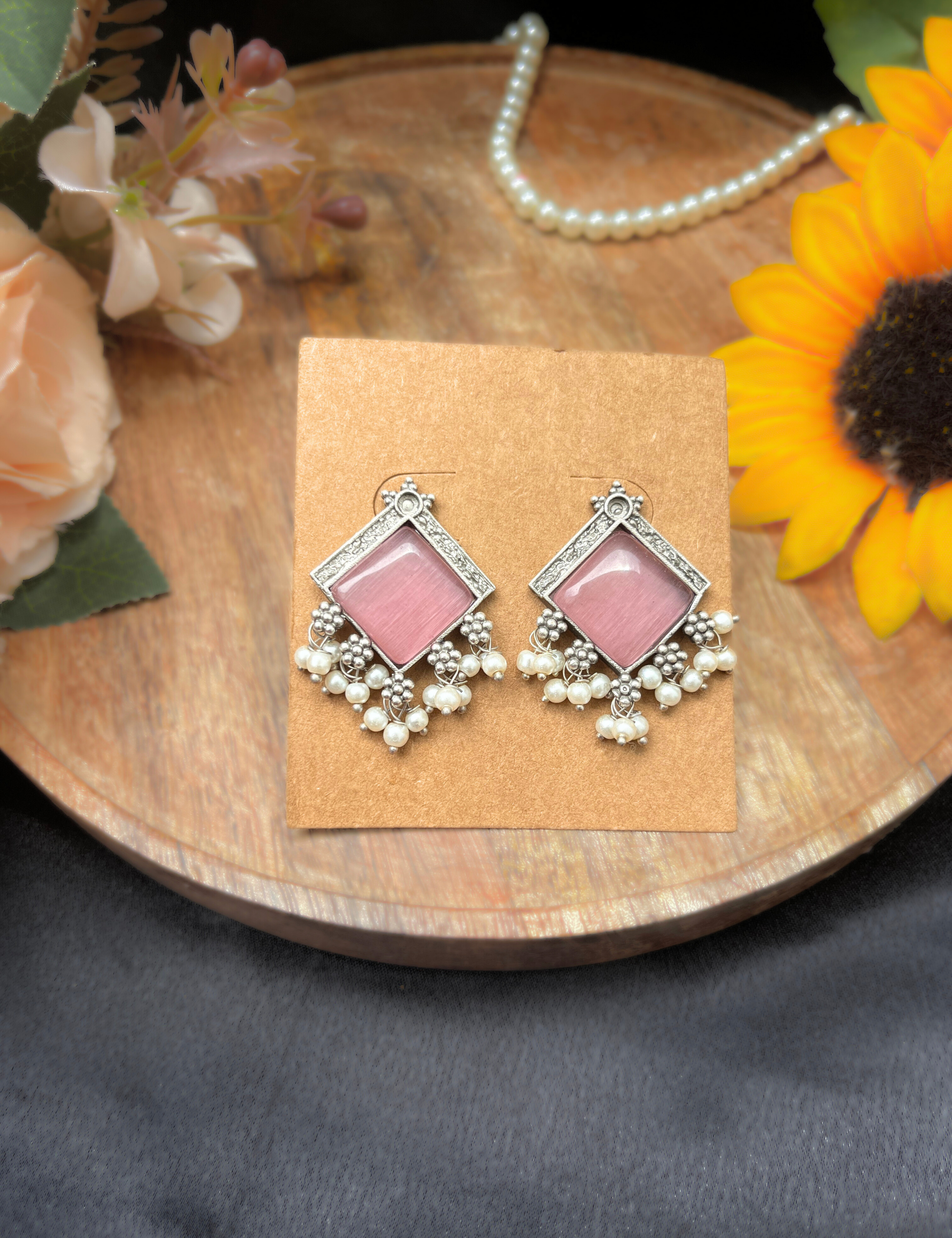 Pastel Square Stone and Pearl Oxidized Earrings