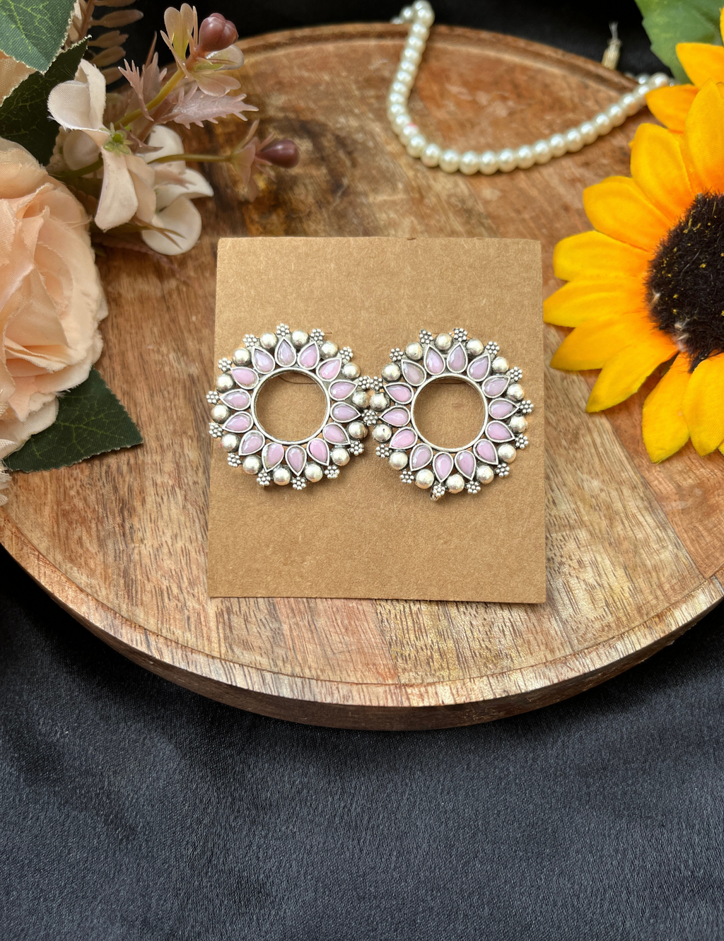 Silver Oxidised Pink Stone Round Earrings