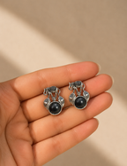 Oxidized Silver Elephant Stud Earrings with Black Stone