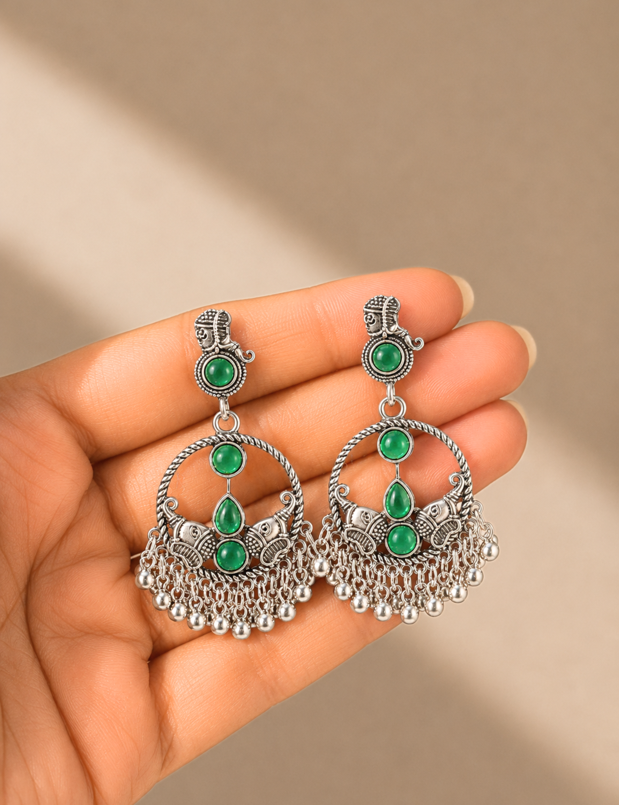 Lightweight Oxidized Green Stone Chandbali Earrings