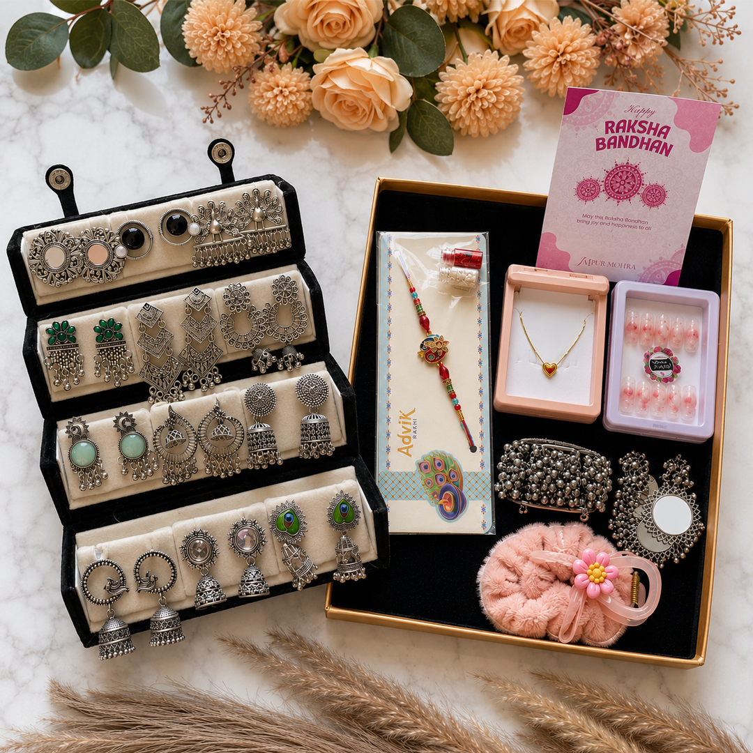 Jaipur Mohra Luxury Rakhi Hamper with 12-Pair Oxidised Earrings Collection & Premium Gifts