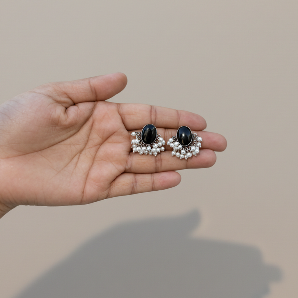 Elegant Oxidised Oval Black Stone Stud Earrings with Pearl Drops