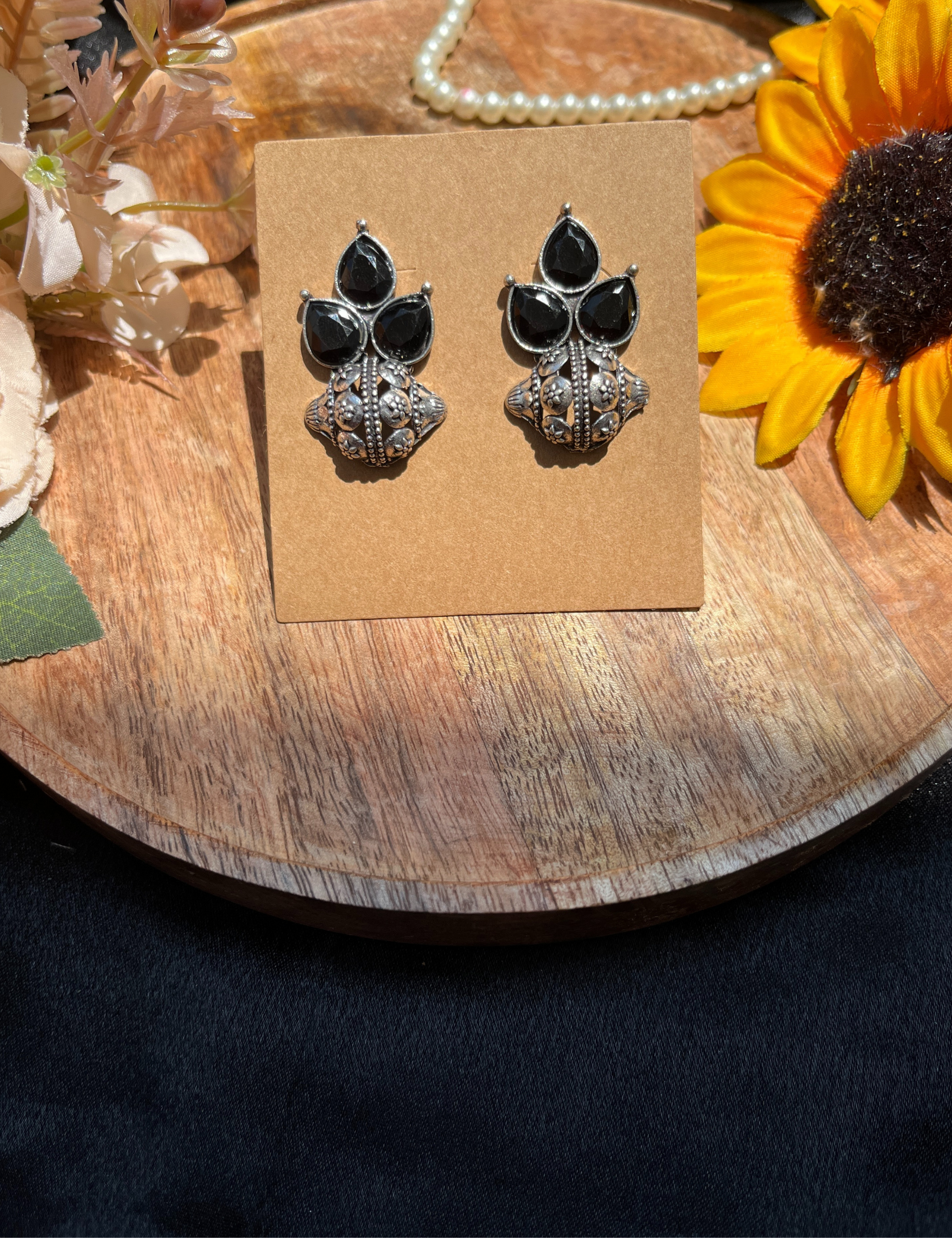 Oxidised Silver Earrings with Black Stone