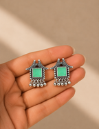 Mint Green Stone Oxidized Silver Dangle Earrings | Lightweight Daily Wear Earrings for Women & Girls