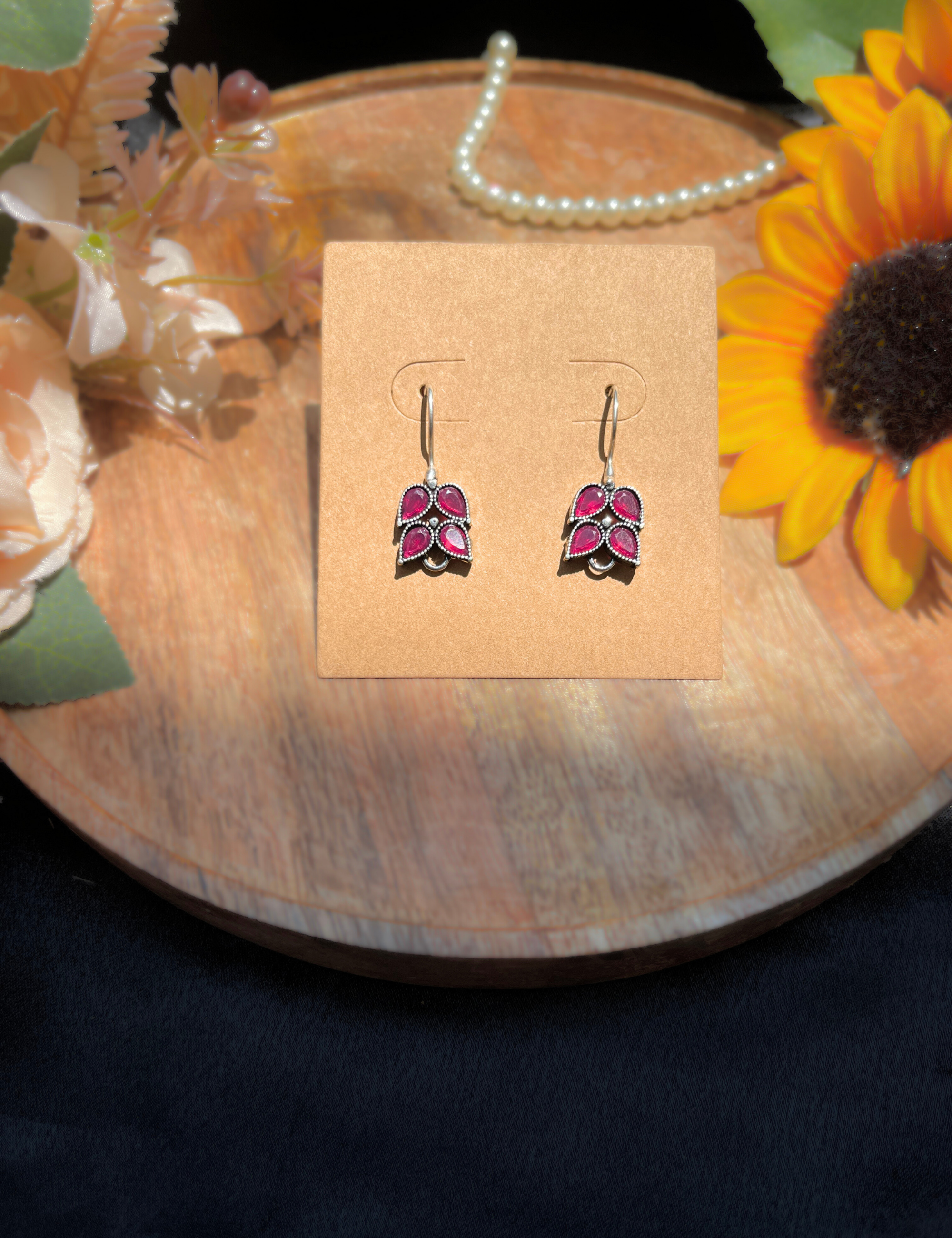 Small Silver Hook Earrings with Pink Stone