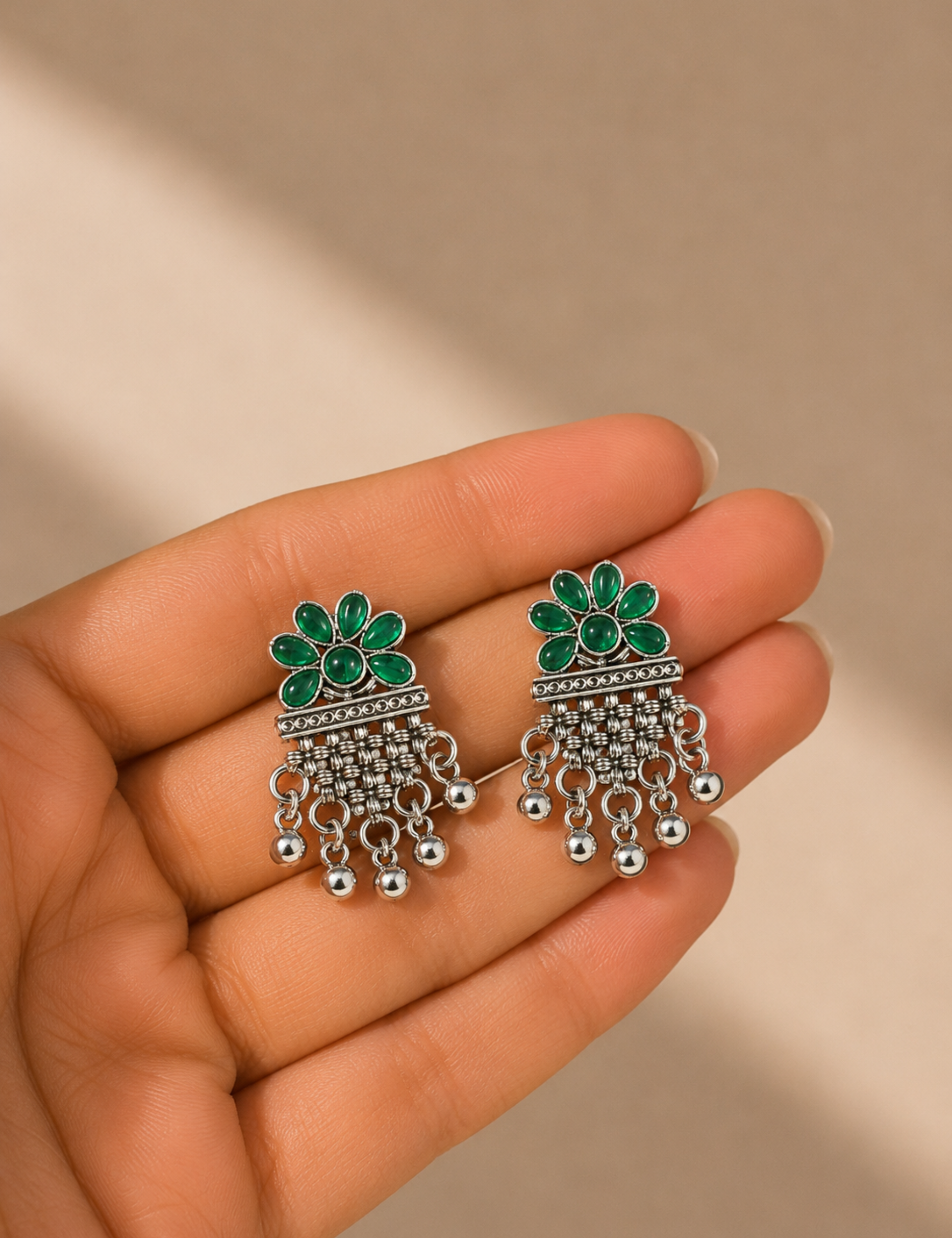 Green Stone Oxidized Silver Floral Dangle Earrings