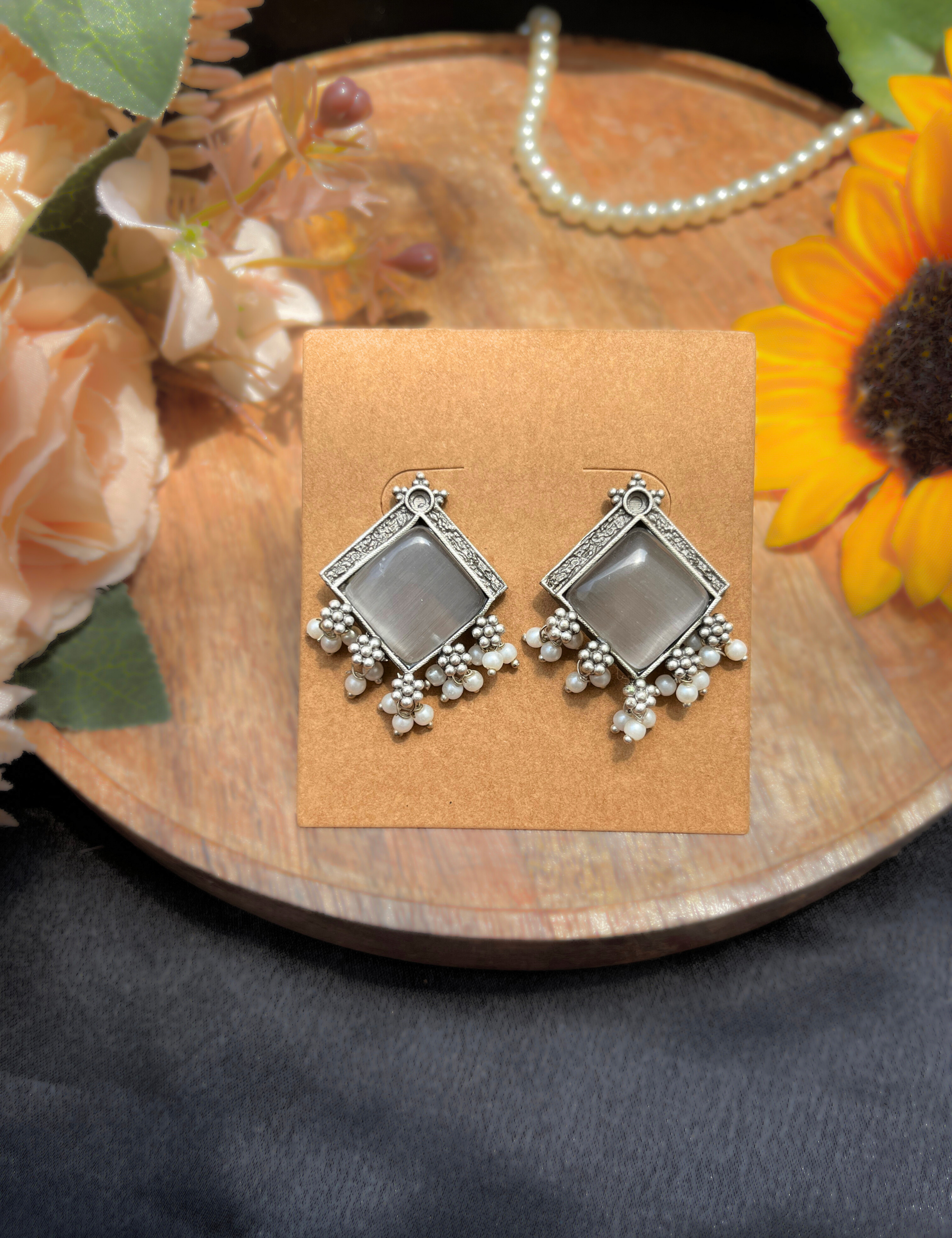 Grey Pastel Square Stone and Pearl Oxidized Earrings