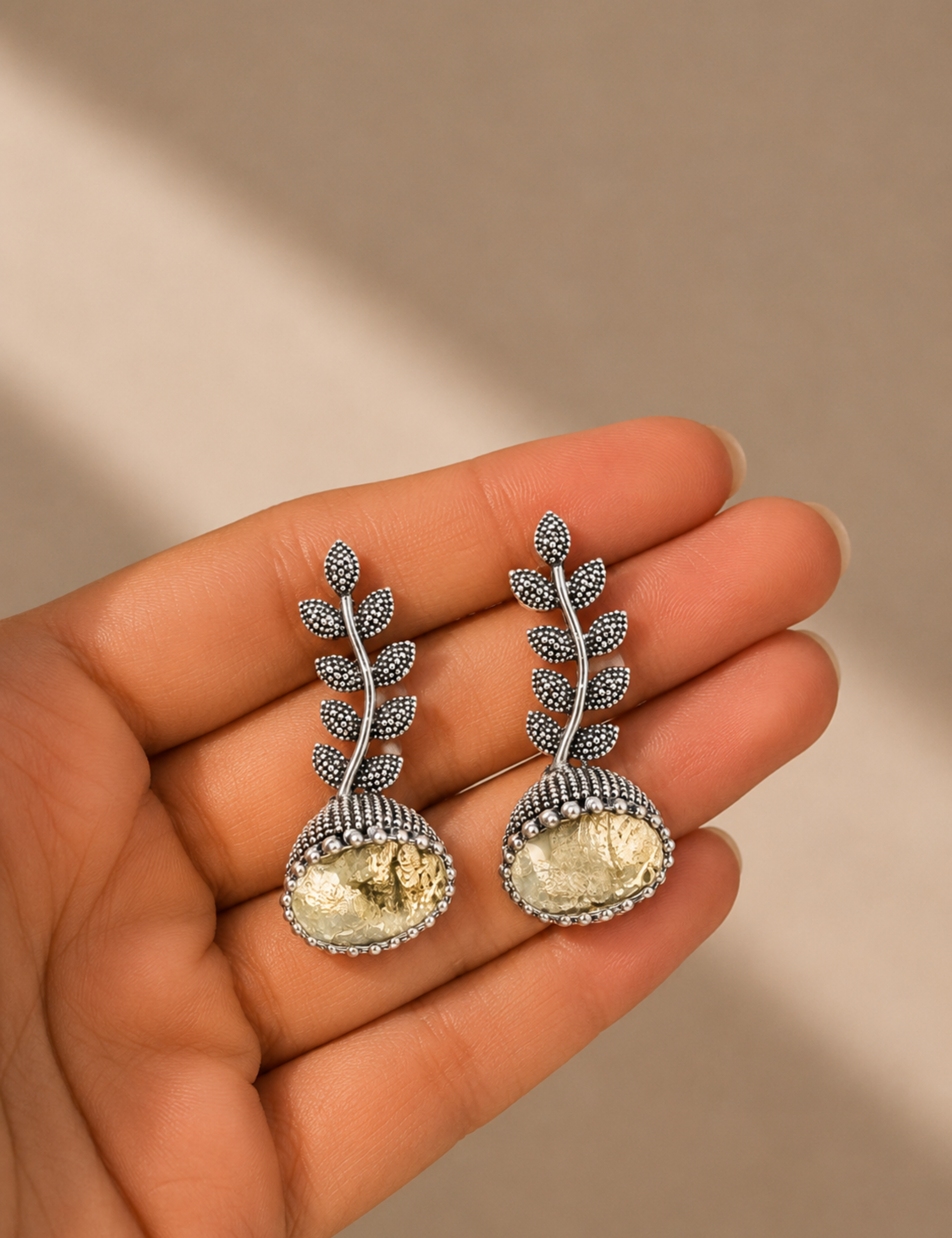 Lightweight Oxidized Silver Leaf Jhumki Earrings