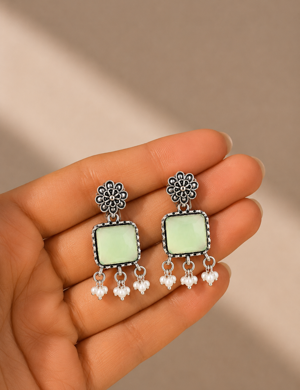 Mint Green Stone Oxidized Silver Floral Dangle Earrings