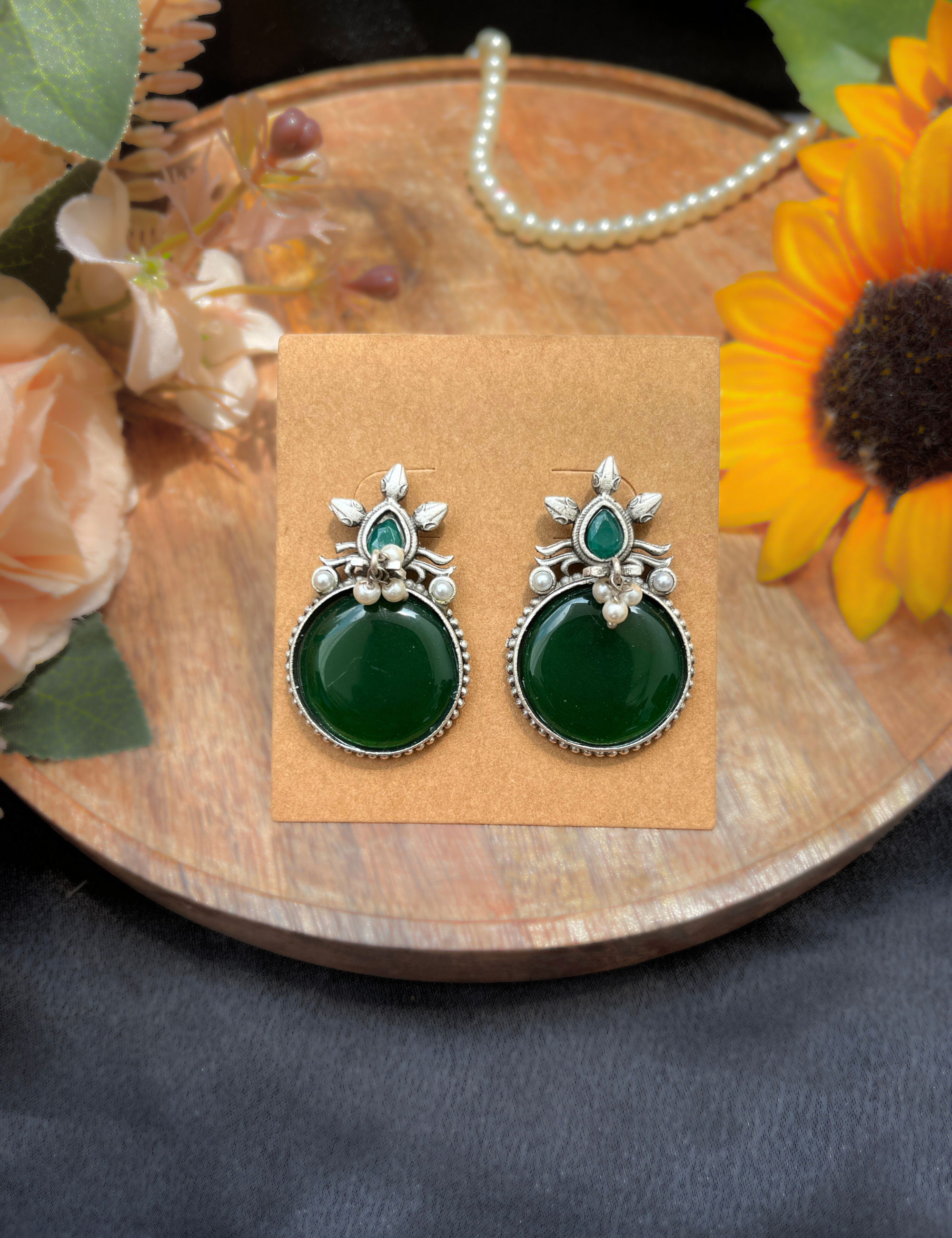 Green Monalisa Stone Oxidised Earrings