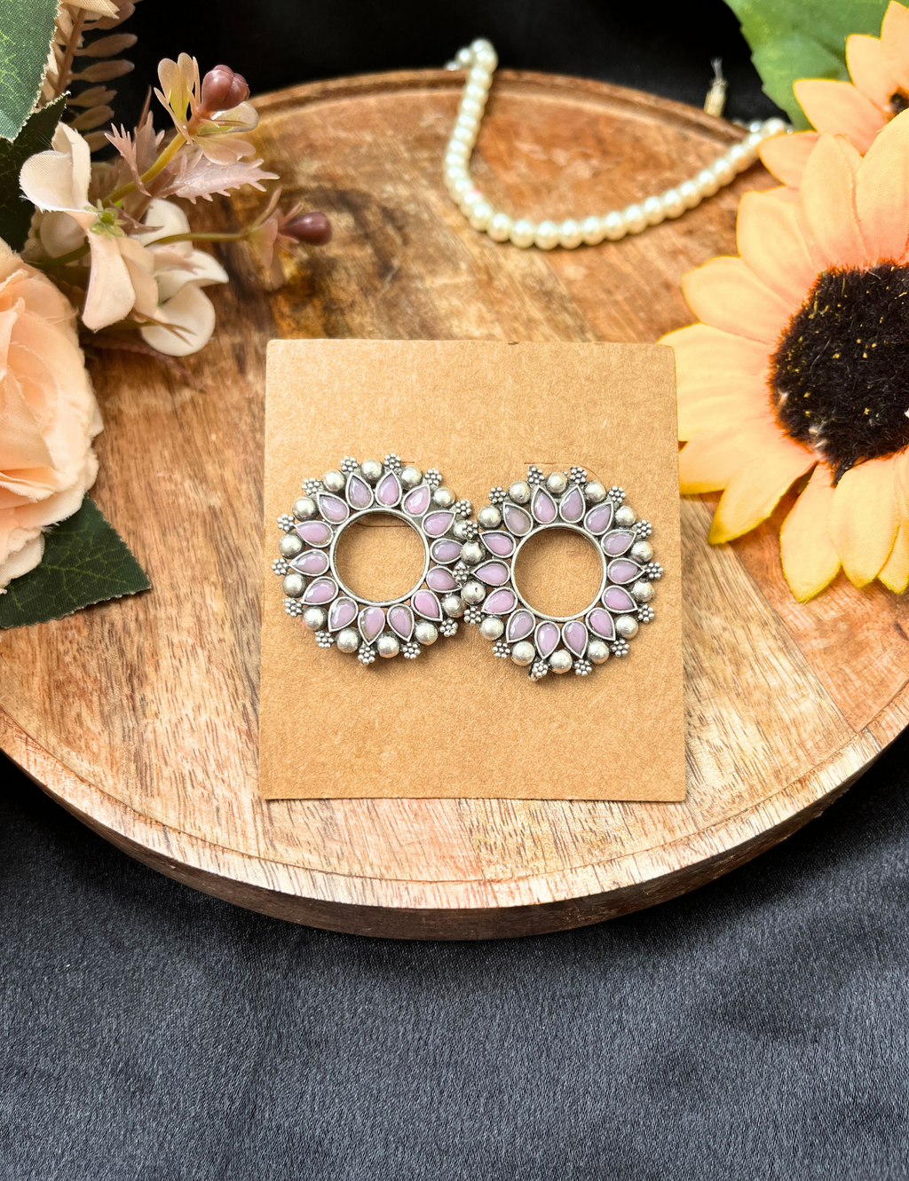 Silver Oxidised Pink Stone Round Earrings