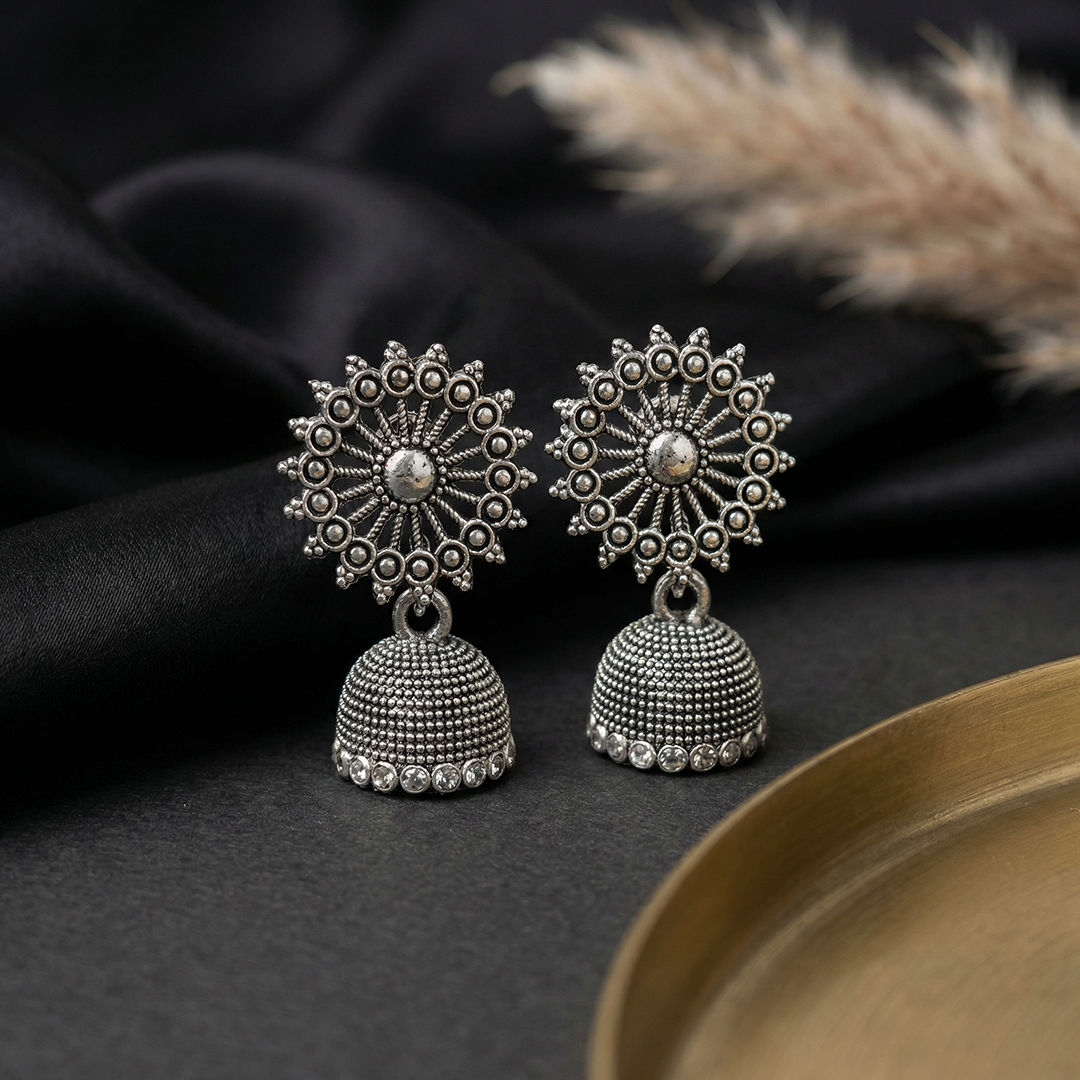 Oxidized Silver Jhumka Earrings with Floral Stud Design