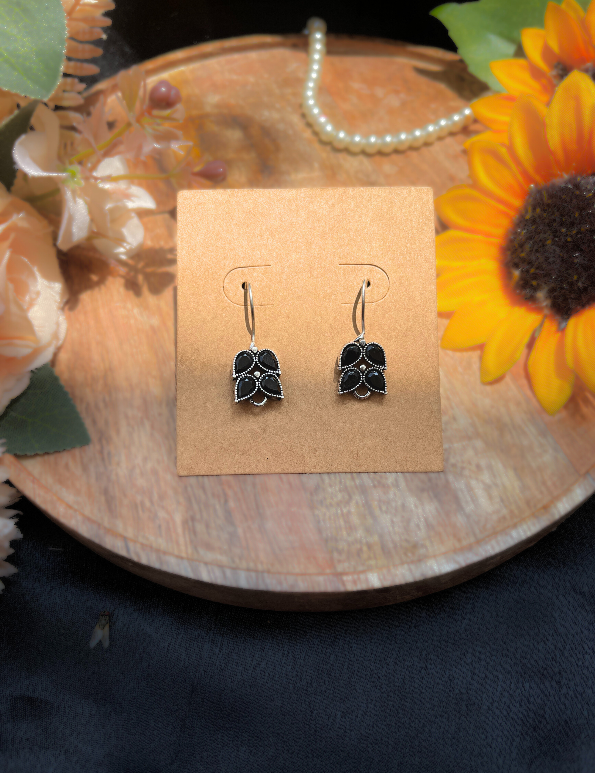 Small Silver Hook Earrings with Black Stone