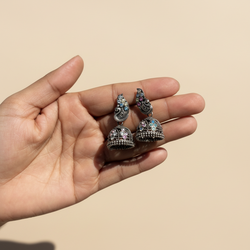 Designer Oxidized Silver Party Wear Jhumka Earrings