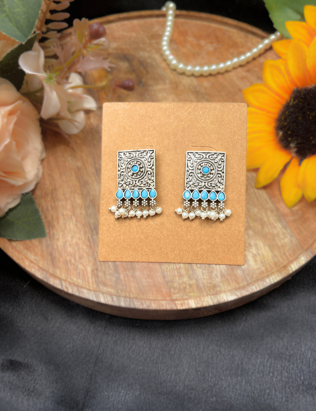Oxidised Silver Floral Design Square Drop Blue color Earrings