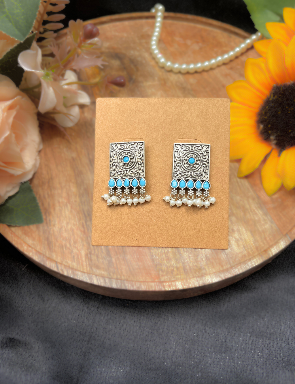 Oxidised Silver Floral Design Square Drop Blue color Earrings