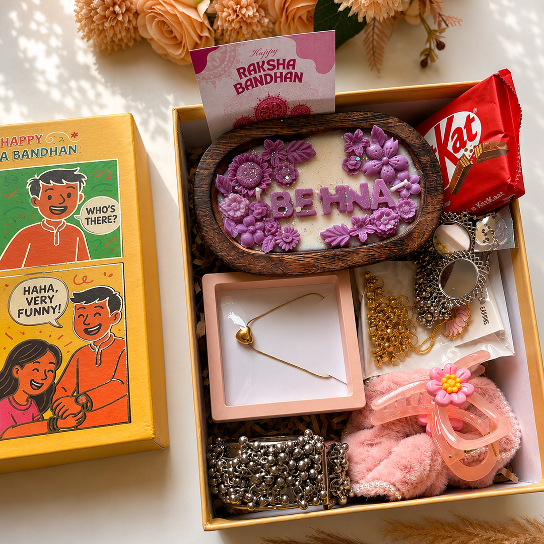 Premium Rakhi Hamper with Necklace, Earrings, Bracelet & Handmade Candle