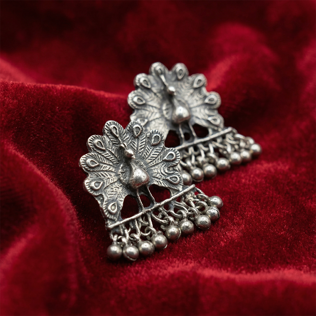Vintage Tribal Peacock Jhumki with Ghungroo Drops