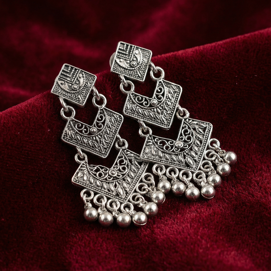 Traditional Oxidised Silver Layered Earrings with Dangling Beads