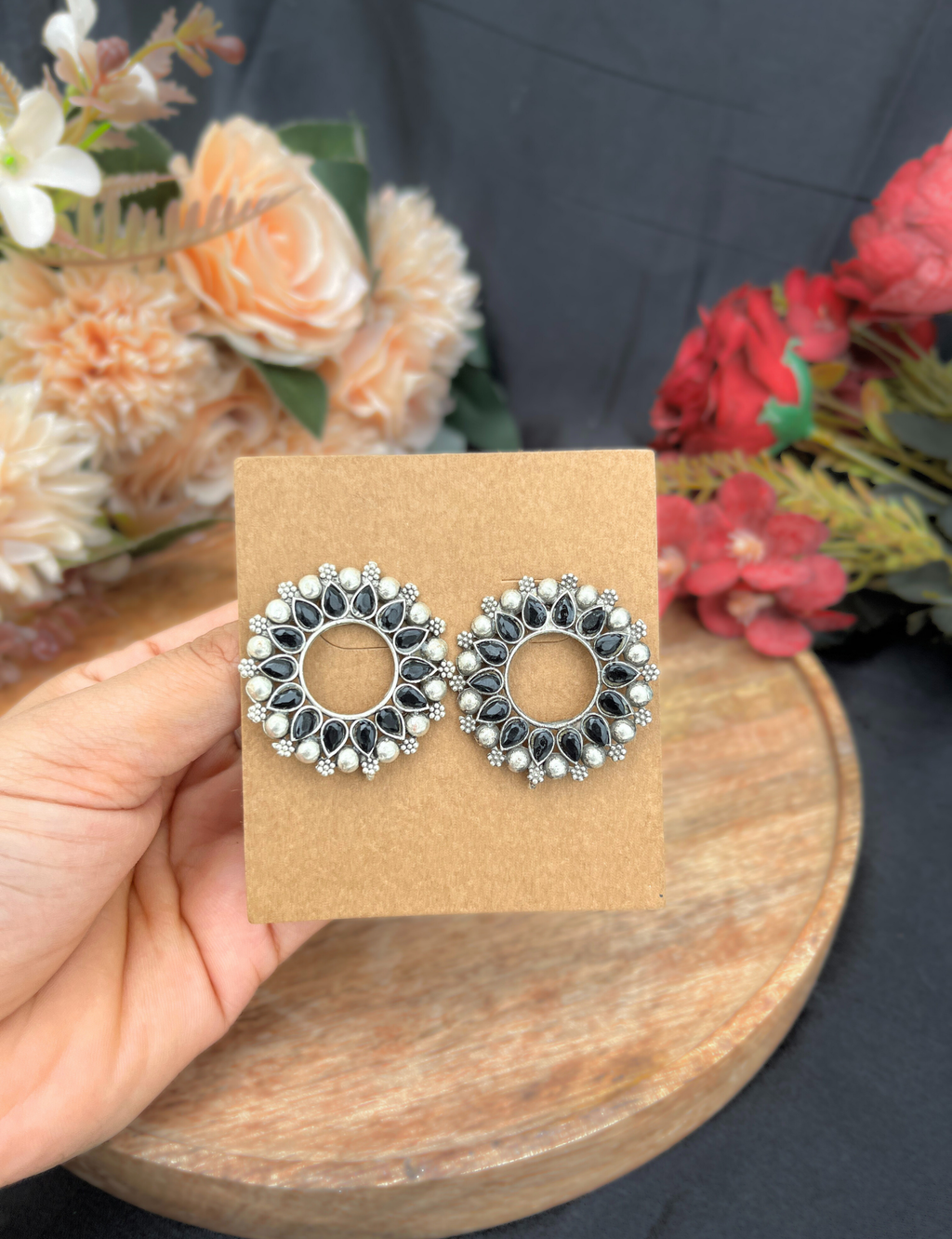 Silver Oxidised Black Stone Round Earrings