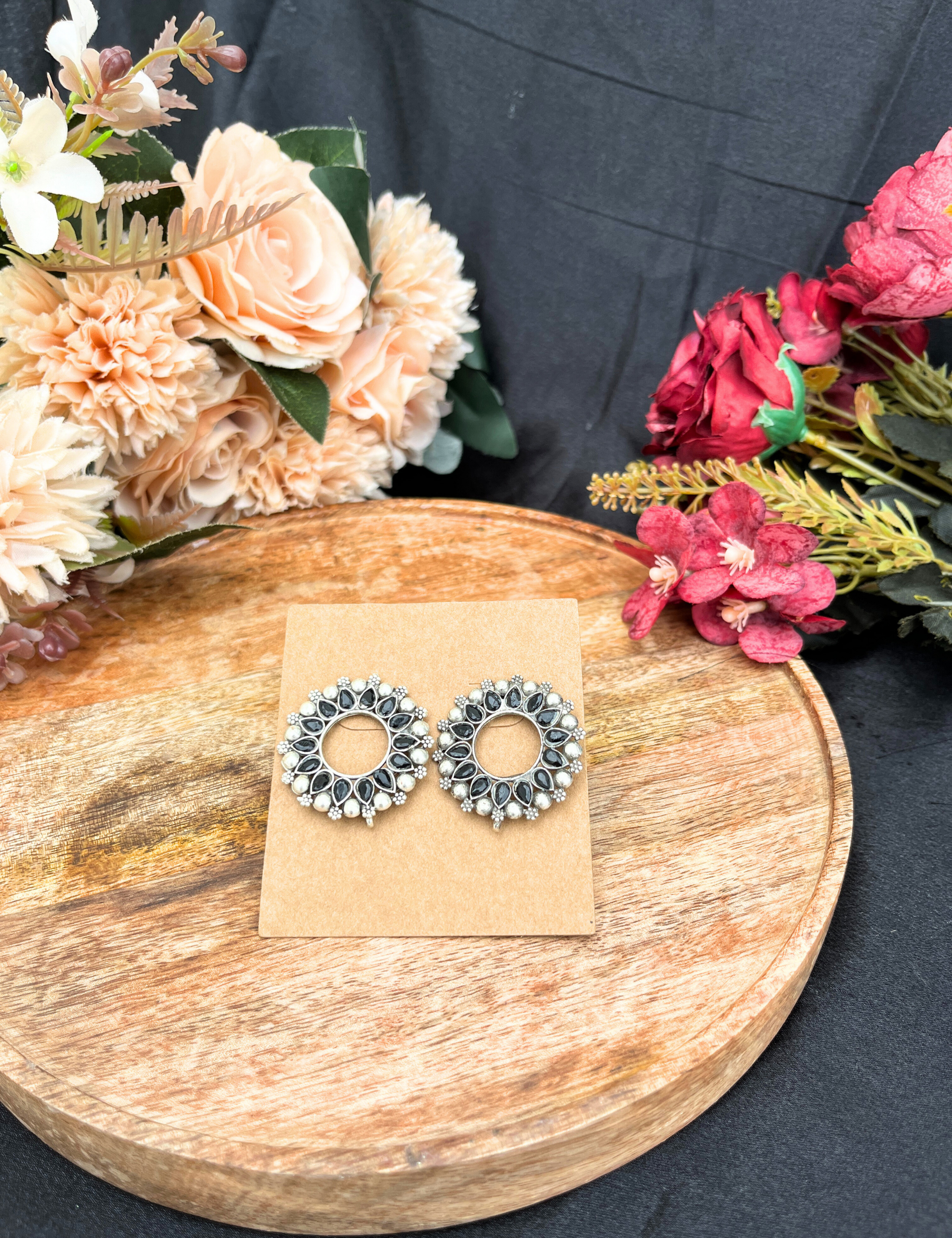 Silver Oxidised Black Stone Round Earrings