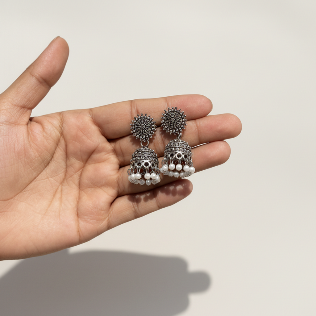 Boho Oxidized Silver Pearl Beaded Jhumka Earrings