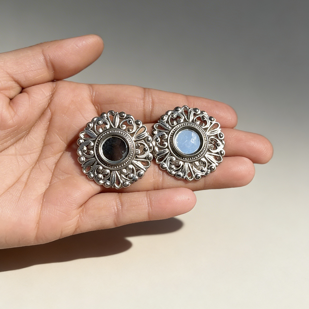 Indo-Western Oxidized Silver Round Floral Statement Earrings