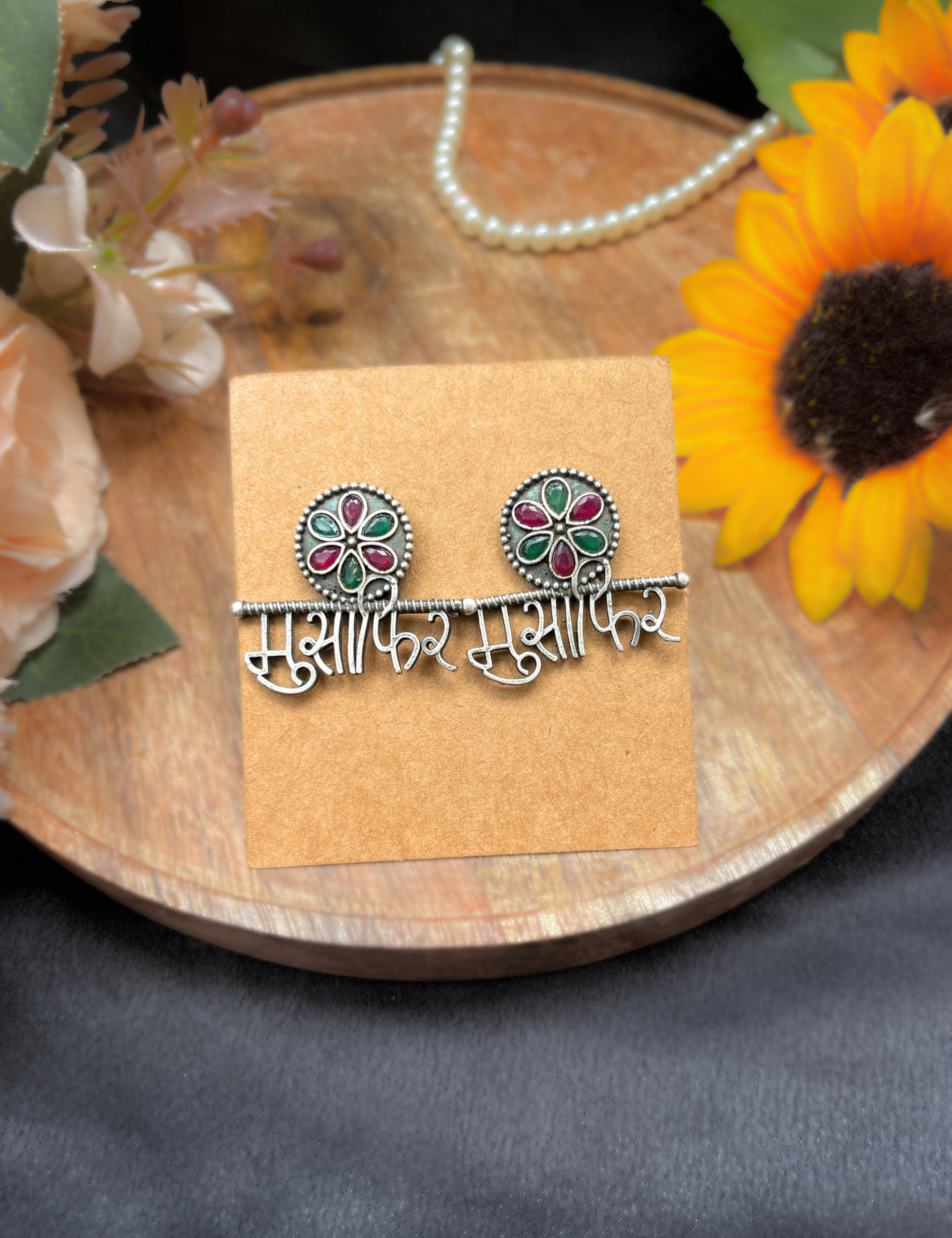 Oxidised Musafir Earrings with Pink and Green Stone