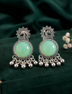 Oxidized Silver Mint Green Stone Stud Earrings for Women
