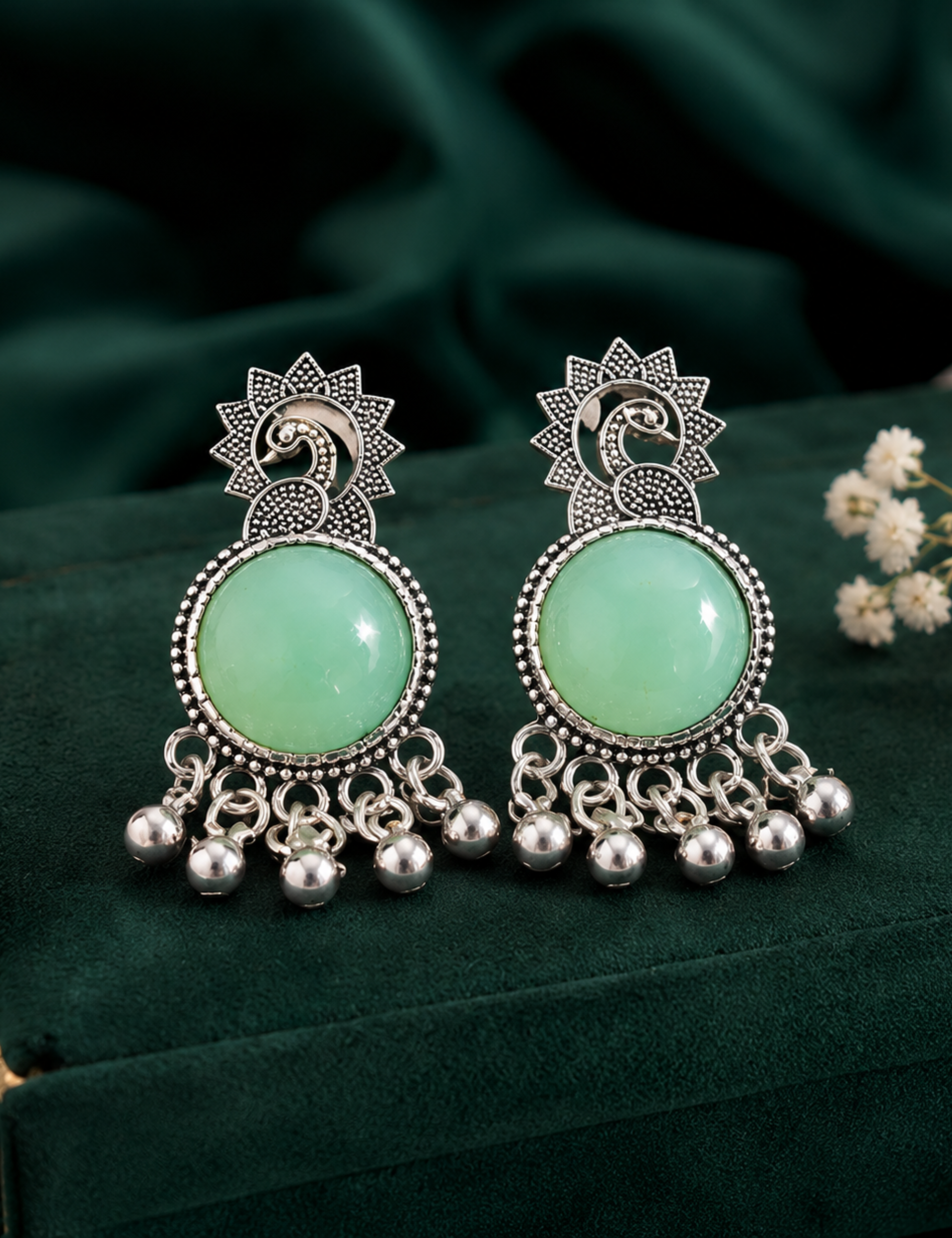Oxidized Silver Mint Green Stone Stud Earrings for Women