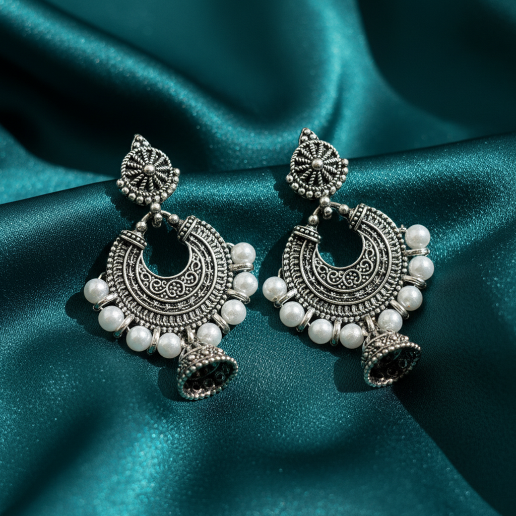 Oxidized Silver Pearl Chandbali Earrings