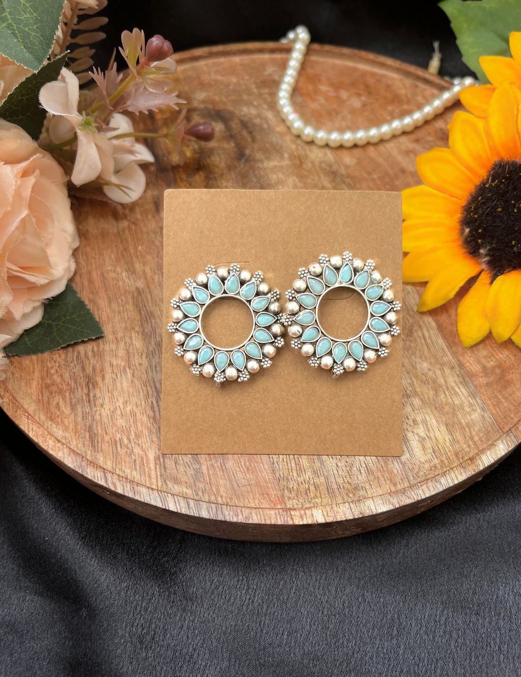 Silver Oxidised Green Stone Round Earrings