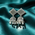 Ethnic Oxidised Square Stud Jhumkas with Bead Drops