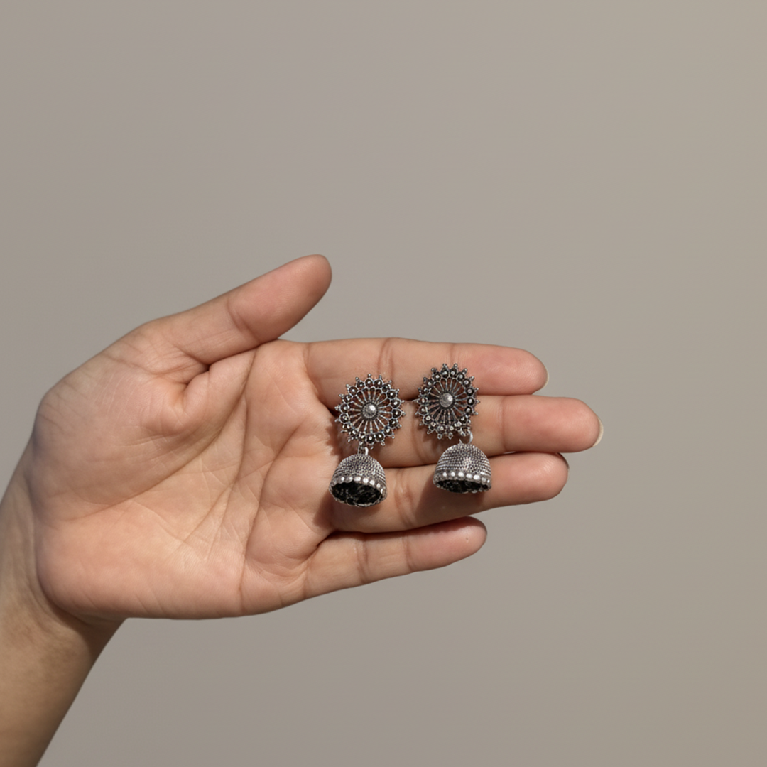 Oxidized Silver Jhumka Earrings with Floral Stud Design