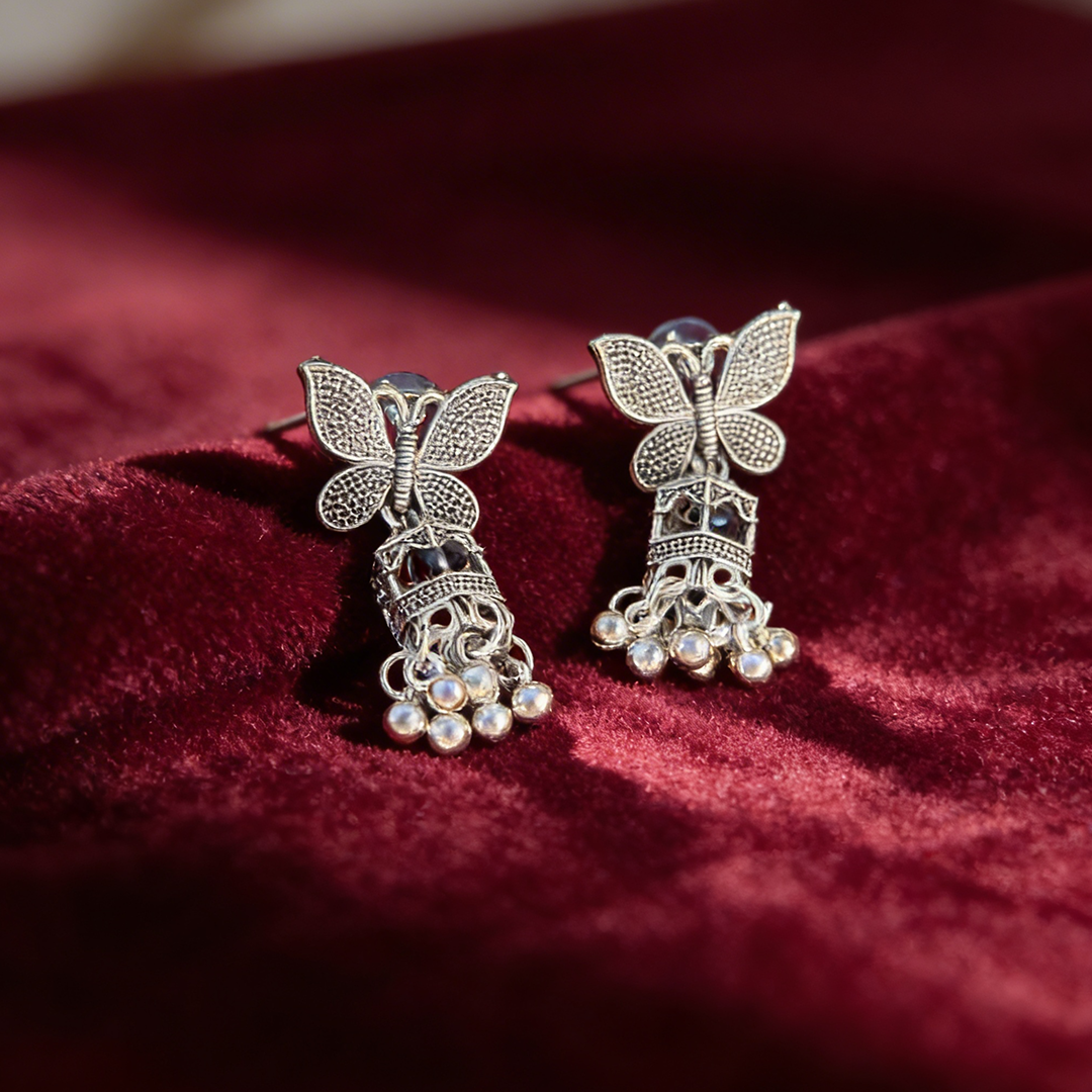 Oxidized Silver Butterfly Jhumka Earrings