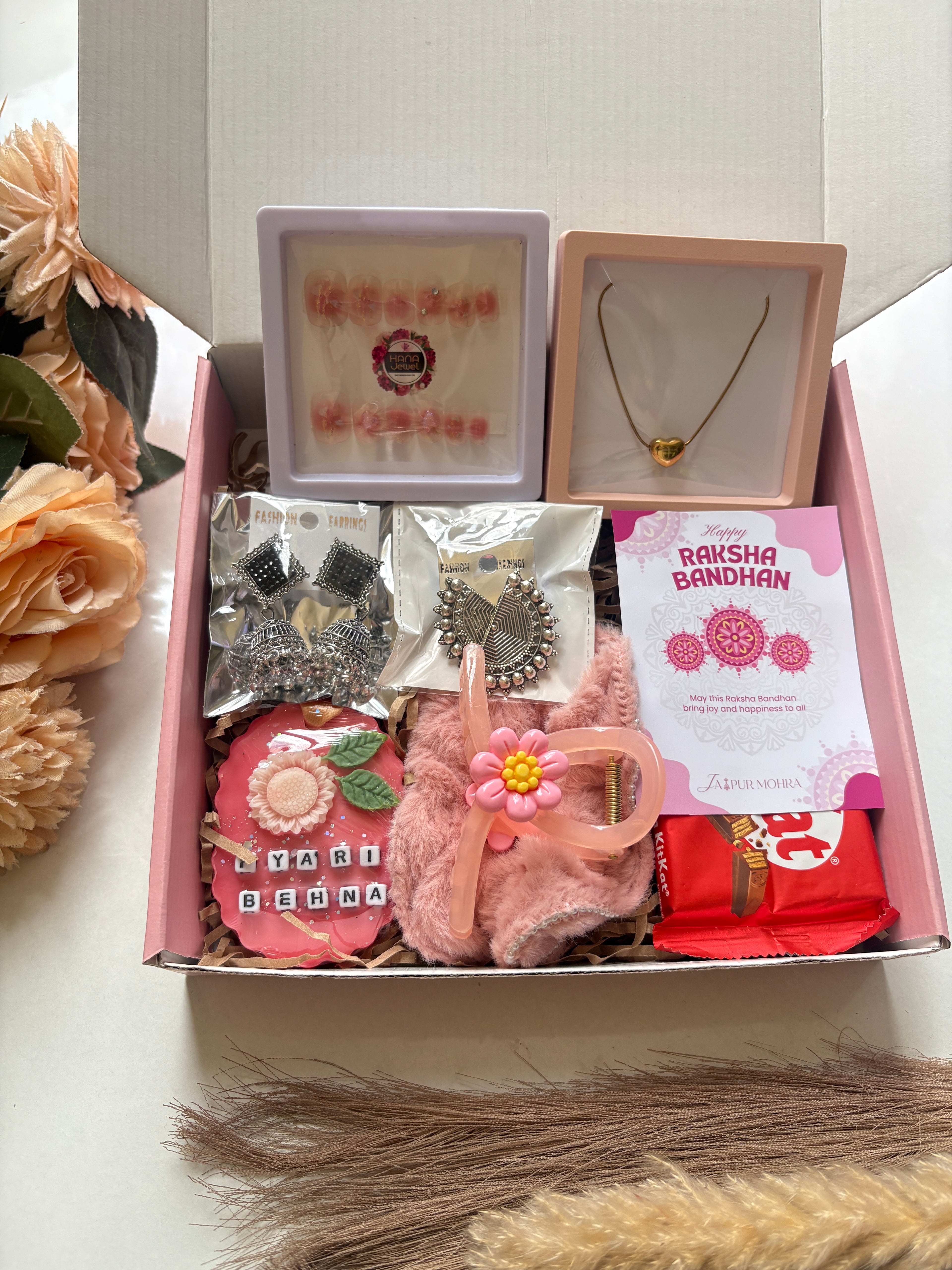 Jaipur Mohra Premium Rakhi Hamper with Oxidised Earrings, Pendant & Wax Sachet