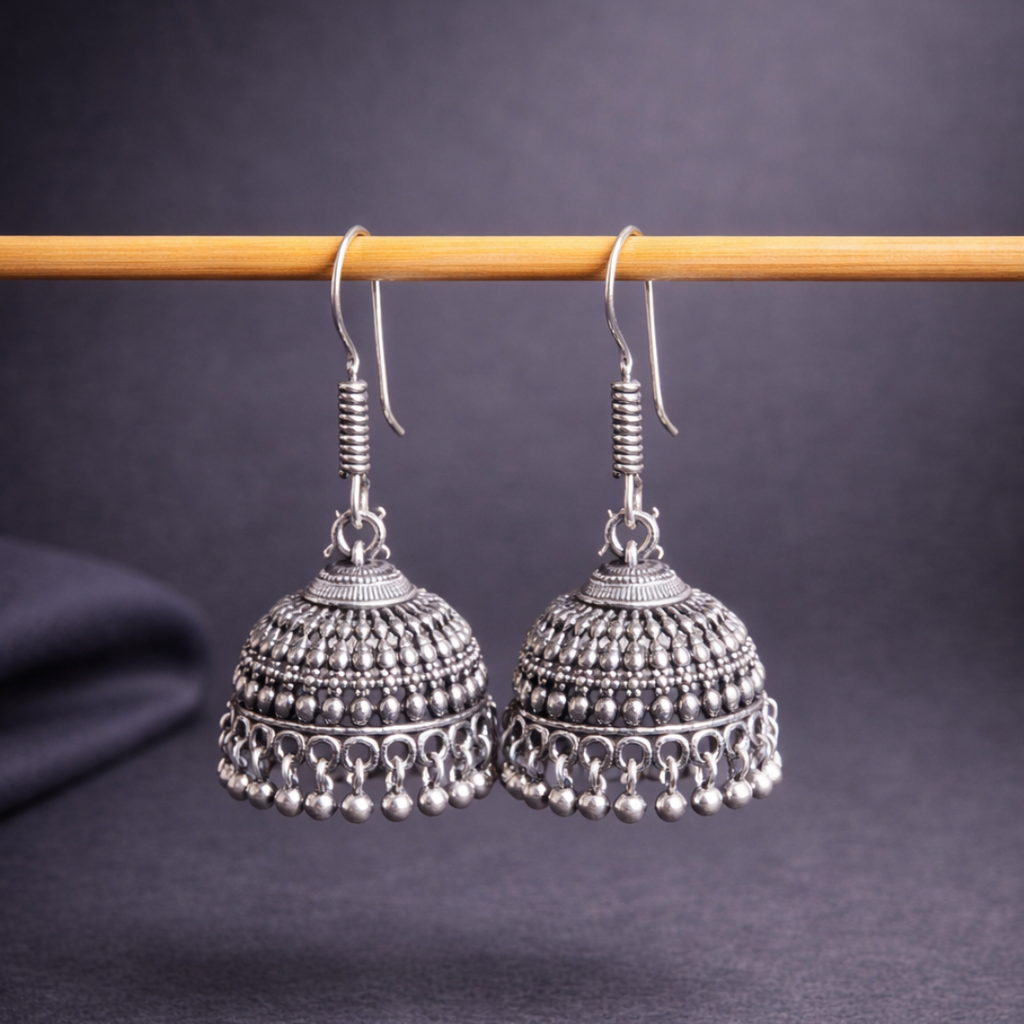Festive Wear Traditional Silver Look Jhumka Earrings
