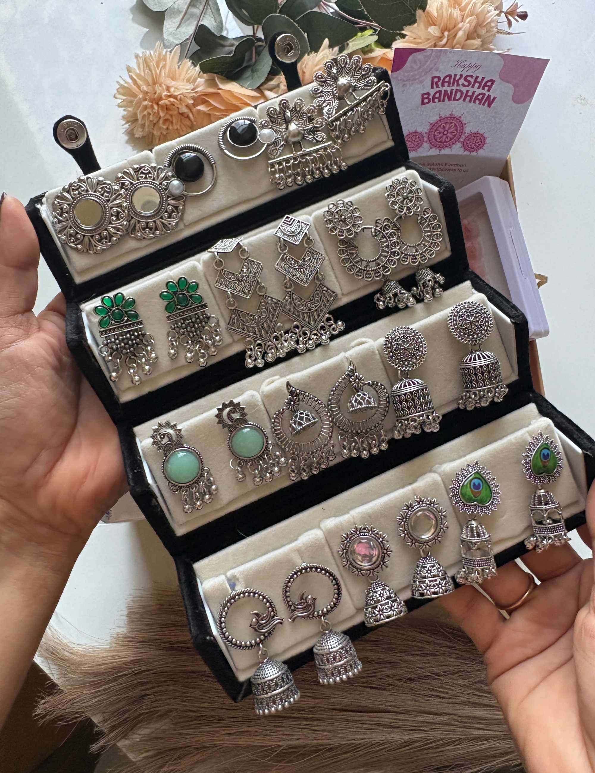 Set Of 12 Oxidized Designer Earrings With Folding Jewelry Box - 2